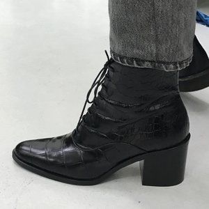 Black Leather Lace Up Heeled Boots